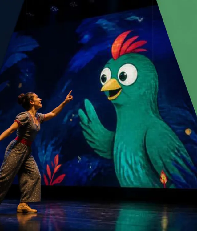 Bailarina conversa com um papagaio verde animado no painel de LED