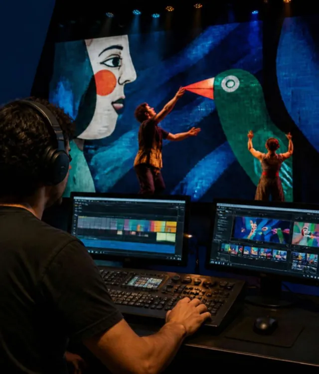 Operador na mesa de edição enquanto artistas ensaiam diante do painel