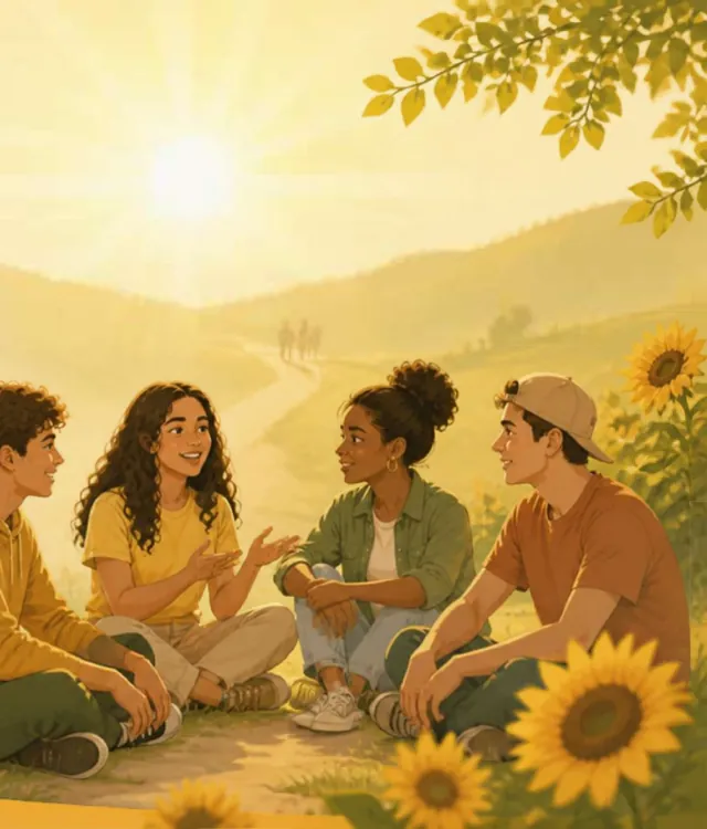 Ilustração: jovens conversam sentados entre girassóis ao pôr do sol
