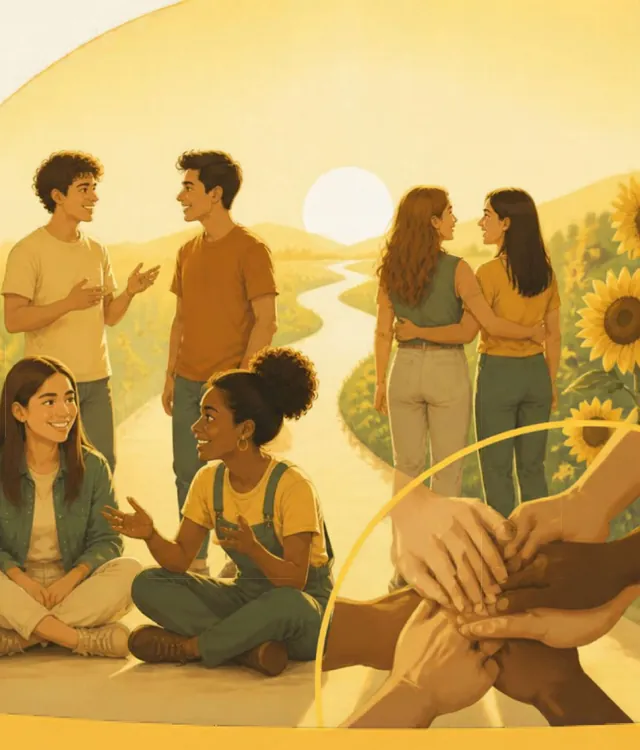 Jovens conversando e mãos unidas