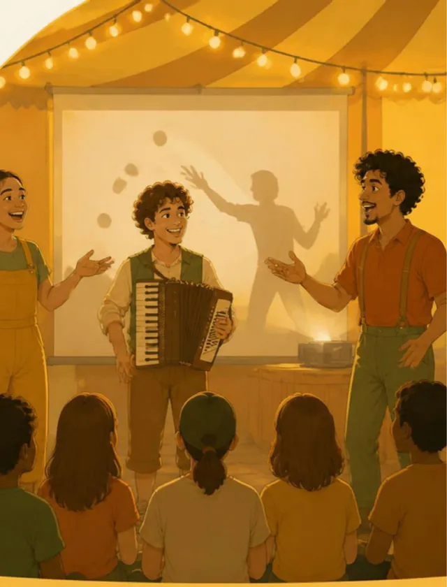 Artista com acordeão e cena de sombras sob a lona