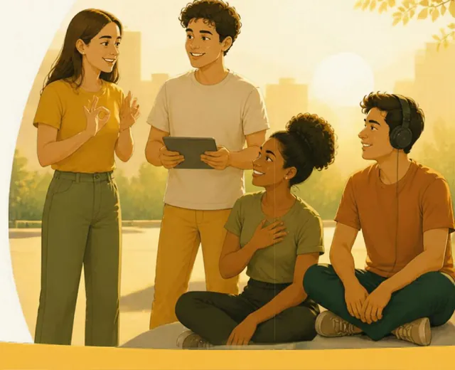 Jovens conversando; um deles segura um tablet