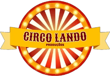 Logo da Circo Lando Produções: roda de raios vermelhos e brancos com lâmpadas e faixa amarela