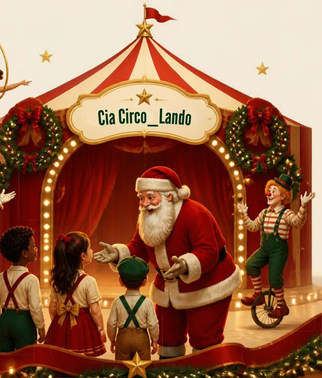 Ilustração: Papai Noel recebe crianças na entrada de uma lona natalina com a placa Cia Circo_Lando