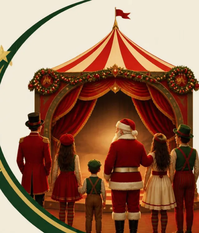 Público e Papai Noel de costas, olhando o palco iluminado