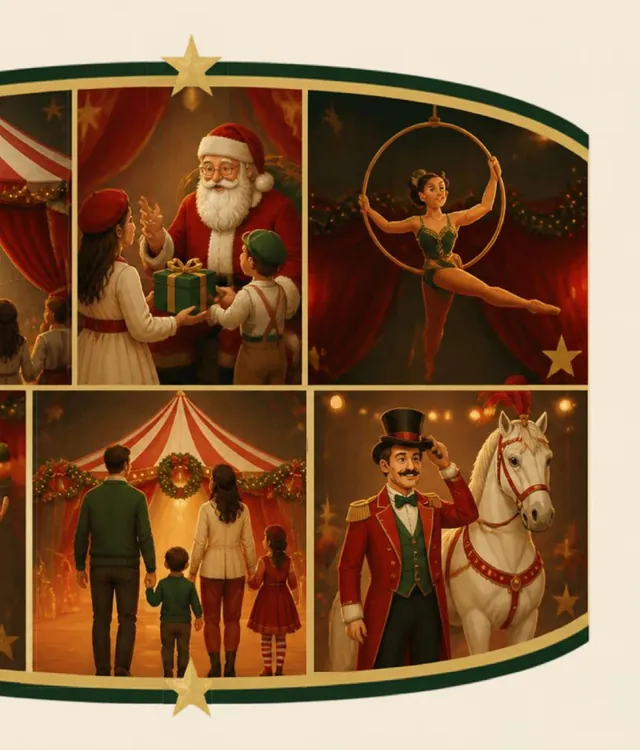 Quadros com cenas do espetáculo: Papai Noel, trapezista e mestre de cerimônias