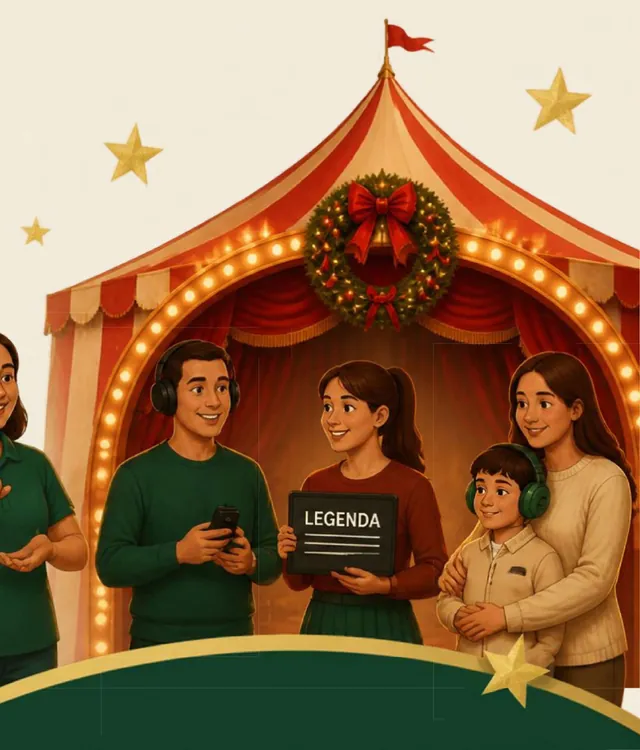 Família com fones de ouvido e uma placa escrita legenda