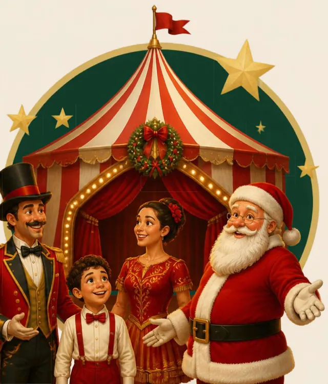 Mestre de cerimônias, artistas, crianças e Papai Noel sorrindo