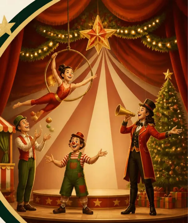 Trapezista, palhaço e malabarista sob a lona decorada para o Natal