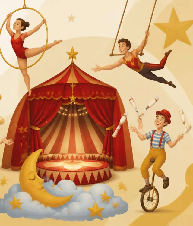 Lona de circo com trapezistas, lua sobre nuvens e malabarista