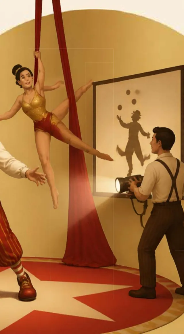 Acrobata no tecido e teatro de sombras