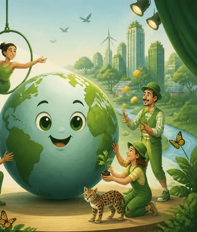 Ilustração: o planeta Terra sorridente em cena com artistas, trapezista e uma jaguatirica
