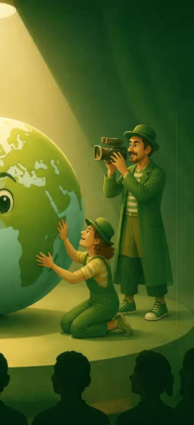 Artista e cinegrafista junto ao planeta personagem