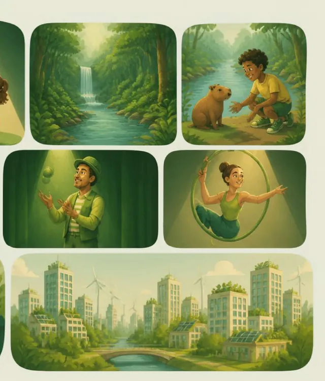 Floresta, rio, cidade verde e artistas em cena