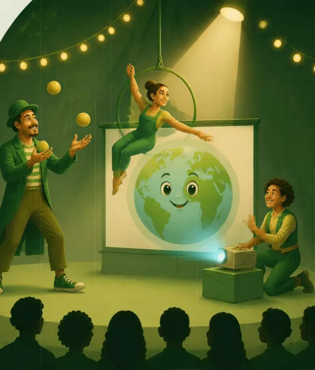 Palco com projeção do planeta e artistas