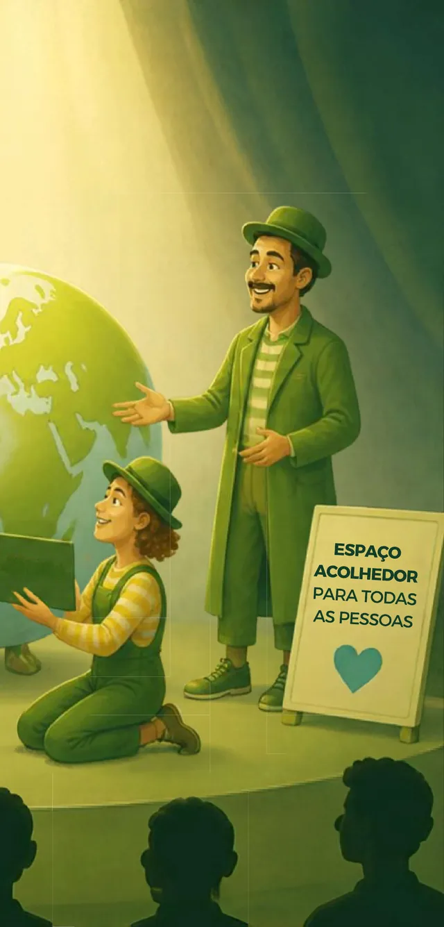 Artistas e uma placa: espaço acolhedor para todas as pessoas