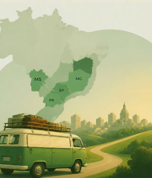 Mapa do Brasil com PR, SP, MG e MS e uma kombi na estrada