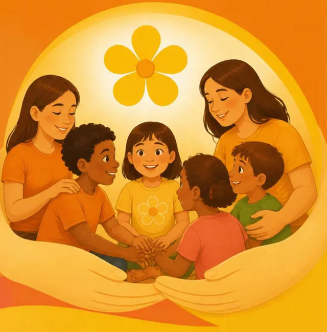 Ilustração: adultos abraçam um grupo de crianças sob uma flor amarela
