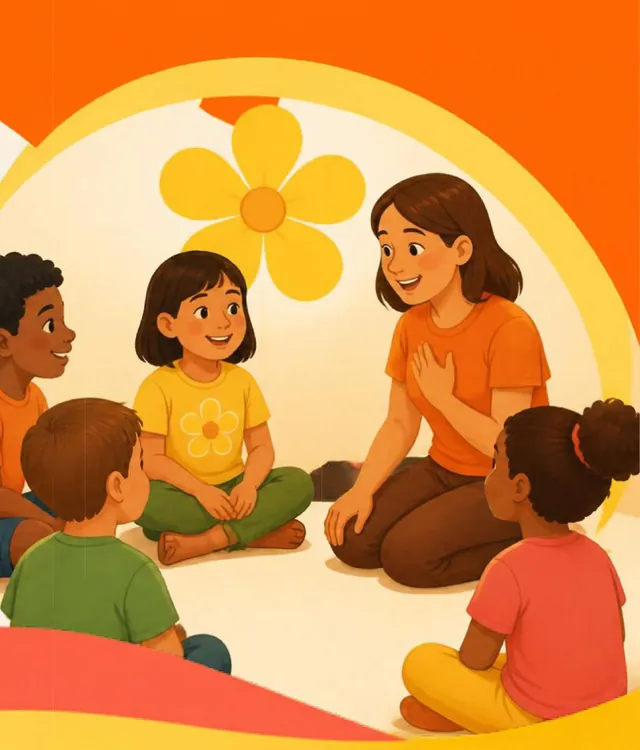 Educadora conversa com crianças sentadas em roda