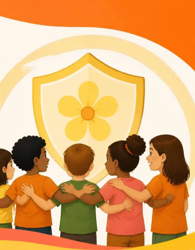 Crianças abraçadas diante de um escudo com uma flor