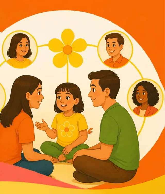 Crianças e adultos de confiança conversando em roda
