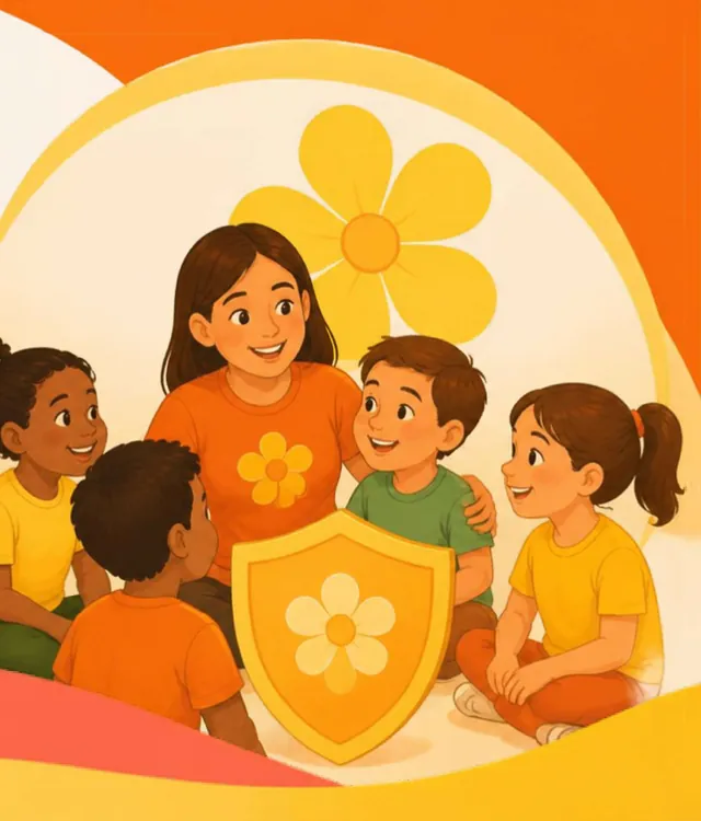 Crianças sorridentes com um escudo de proteção