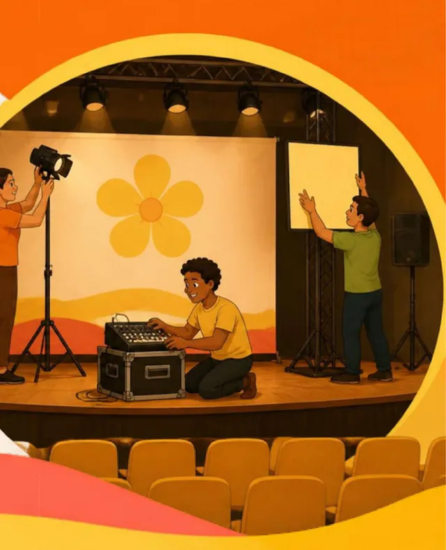 Palco com luz, som e equipe técnica
