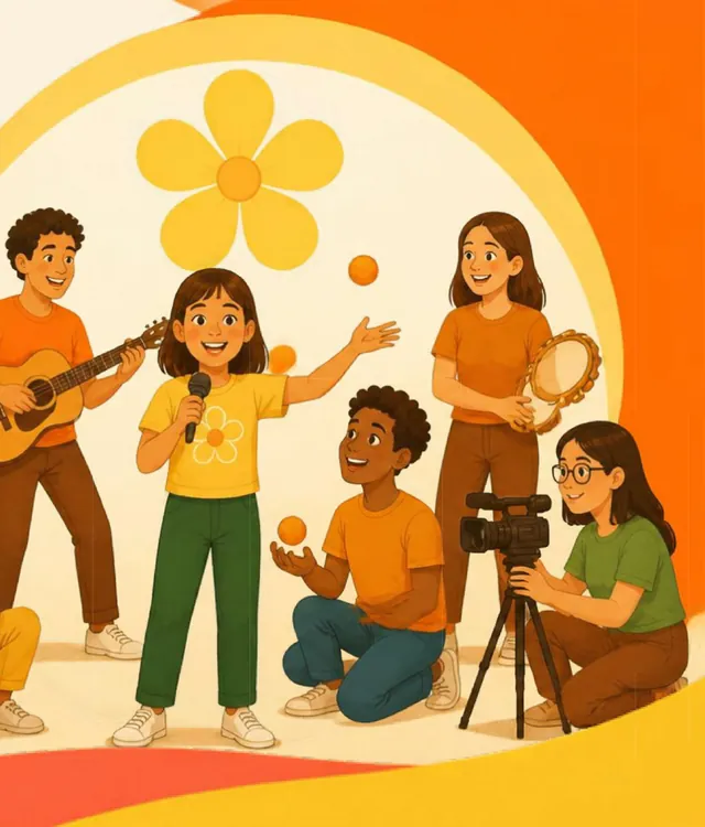 Artistas tocando e brincando com crianças